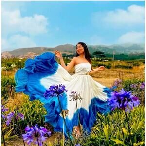 Anthro Samant Chauhan Ombre Maxi dress Sz Large Petit bold Cascade ruffle chic